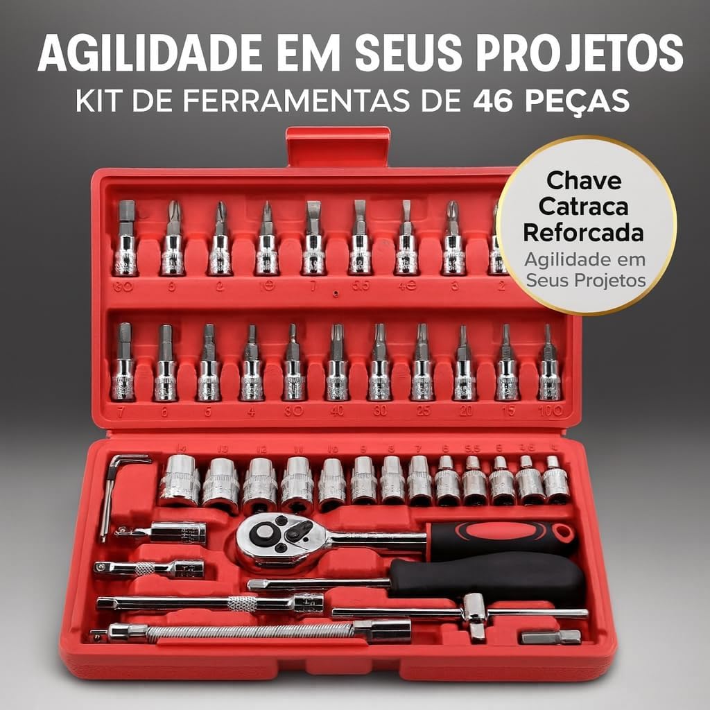 Jogo de Soquete Kit com 46 peças Ferramentas Chave Catraca Conjunto de Soquetes Métricos Sextavadas Chave Allen Torx e Barra de Extensão Reparos Automotivos e Domésticos Premium