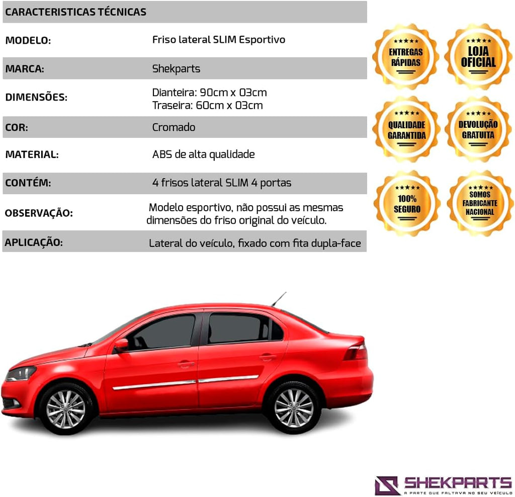 Friso Lateral Central Slim Universal Esportivo Adaptável para Veículo Carro Pickup Todos os Modelos 4 Portas Kit Cromado