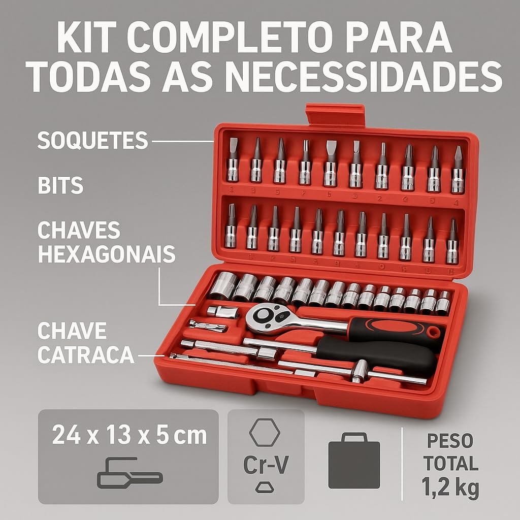 Jogo de Soquete Kit com 46 peças Ferramentas Chave Catraca Conjunto de Soquetes Métricos Sextavadas Chave Allen Torx e Barra de Extensão Reparos Automotivos e Domésticos Premium