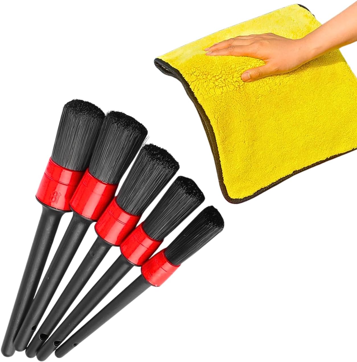 Kit 6 Peças Lavagem Automotiva com Flanela Microfibra 30x40cm + 5 Pincéis Detalhamento Interno e Externo – Limpeza de Carro, Moto, Roda, Painel, Grade, Estofado e Motor CWK Tools